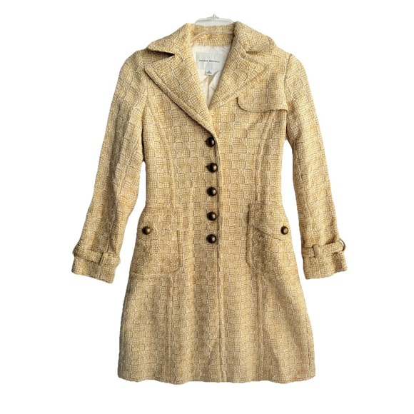 Banana Republic Trench Coat Womens Size XS Yellow Wool Blend Tweed Vintage - Picture 1 of 9